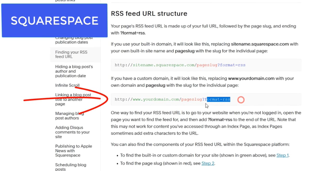 Guide on finding an RSS feed URL on Squarespace with red annotations