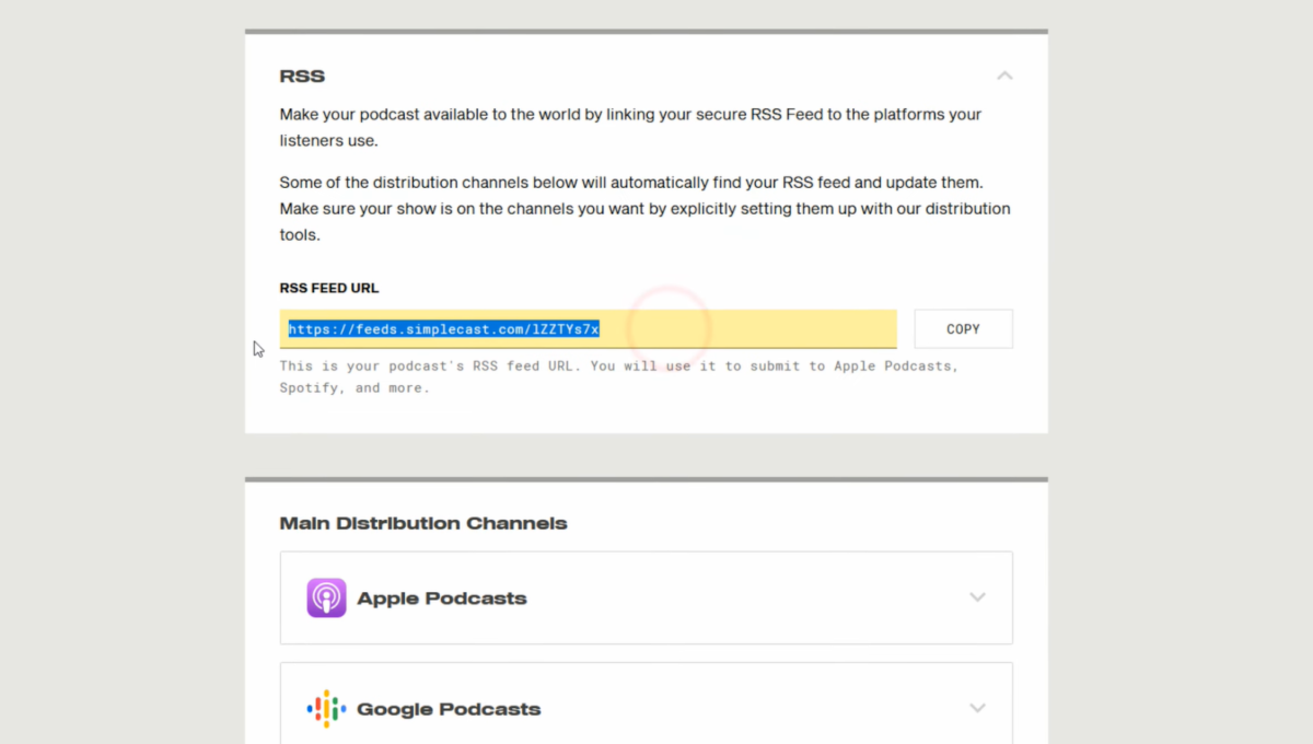 Screenshot of an RSS feed URL in a podcast distribution setting