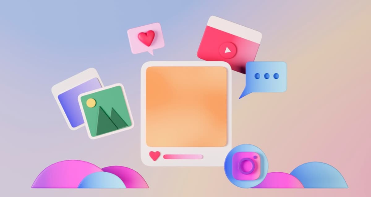 Stylized social media interface elements with icons and speech bubbles