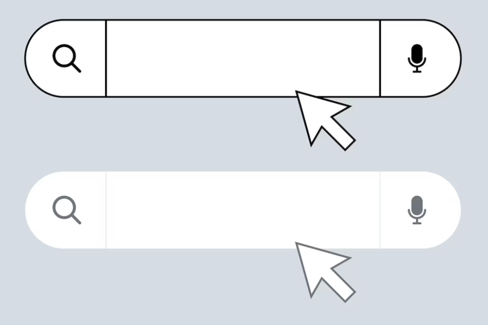 Cursor icons pointing to a search bar, one with a voice command