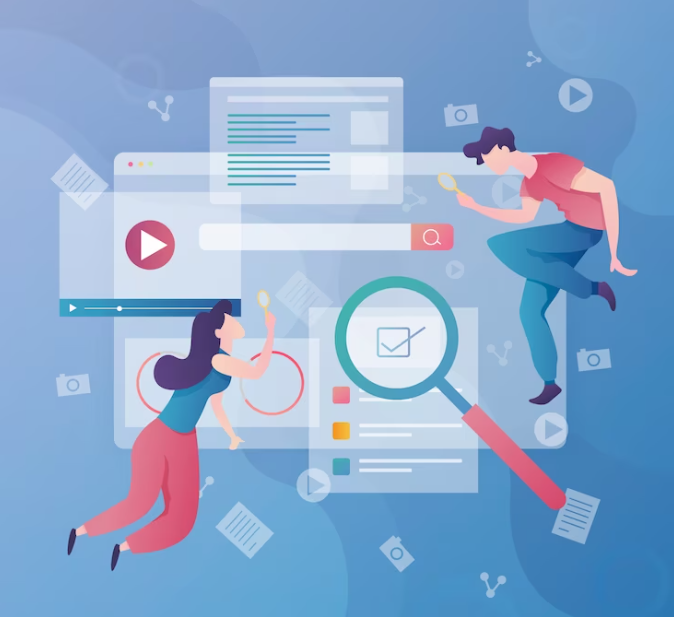 two characters examining digital content through a magnifying glass