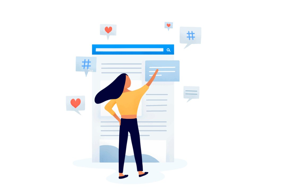 A figure touching a social media interface with icons and hashtags